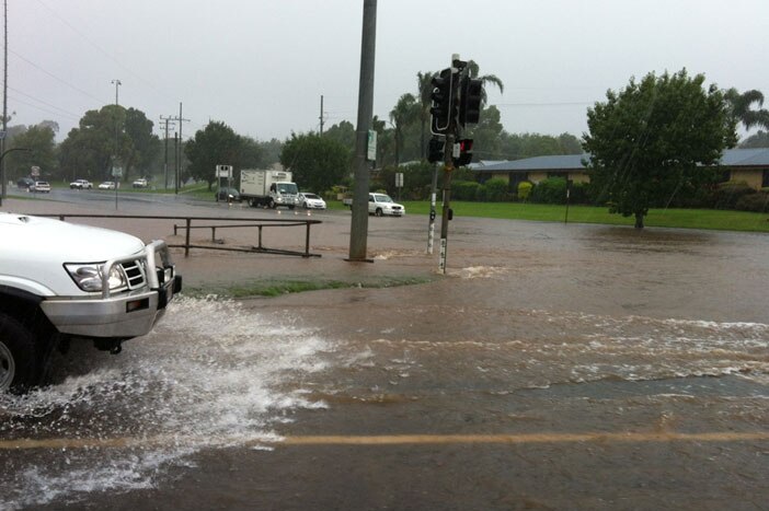 Flooded roads on corner of James and Kitchener street intersection at Toowoomba on February 25, 2013