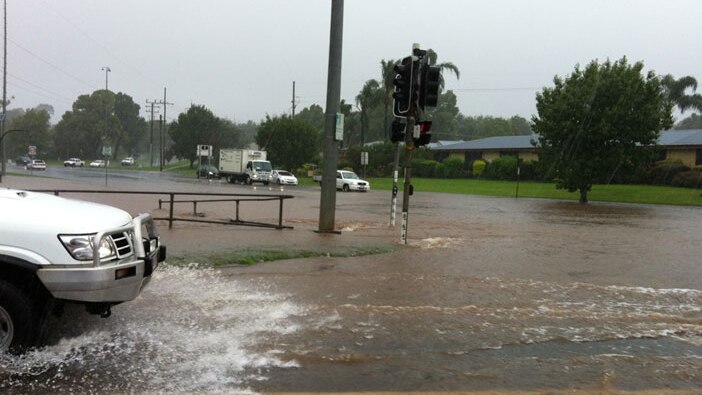 Flooded roads on corner of James and Kitchener street intersection at Toowoomba on February 25, 2013