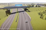 An artists impression of the Singleton Bypass showing new roads and new bridges from the air
