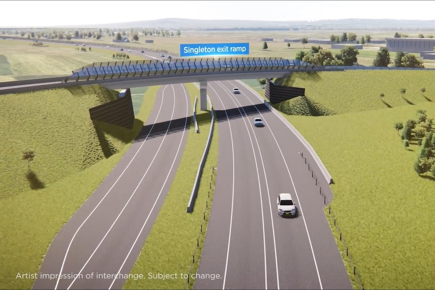 An artists impression of the Singleton Bypass showing new roads and new bridges from the air