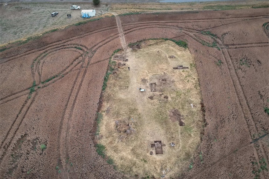 Aerial shot of archaeology dig site, former Picton Road Station in the Southern Midlands, Tasmania.