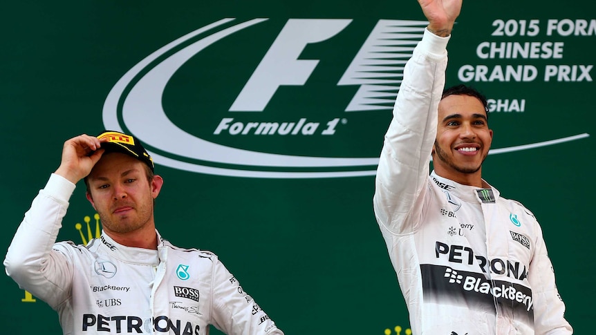 Lewis Hamilton and Nico Rosberg on the podium after the Chinese Grand Prix