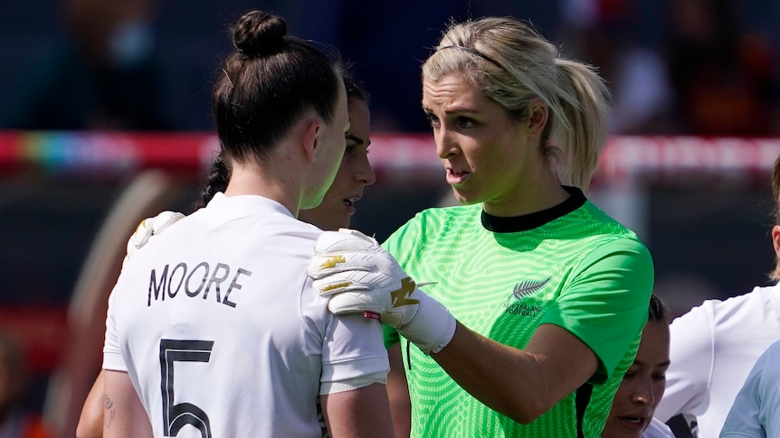 New Zealand goalkeeper Erin Nayler, right, talks to defender Meikayla Moore after an own goal in SheBelieves Cup