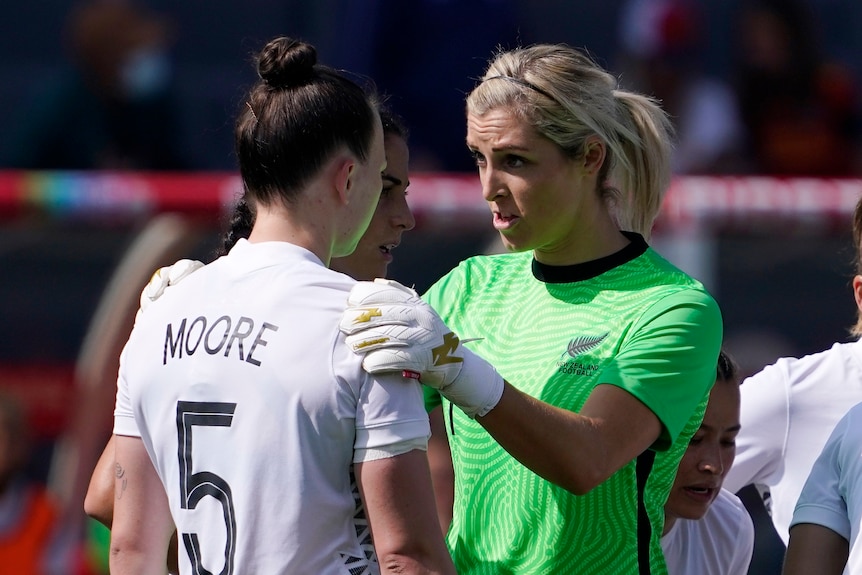 New Zealand goalkeeper Erin Nayler, right, talks to defender Meikayla Moore after an own goal in SheBelieves Cup