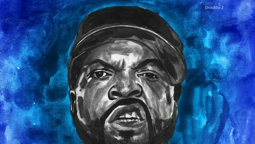 An illustration of rapper Ice Cube's face wearing a black cap on a blue background with his lip raised in a growl