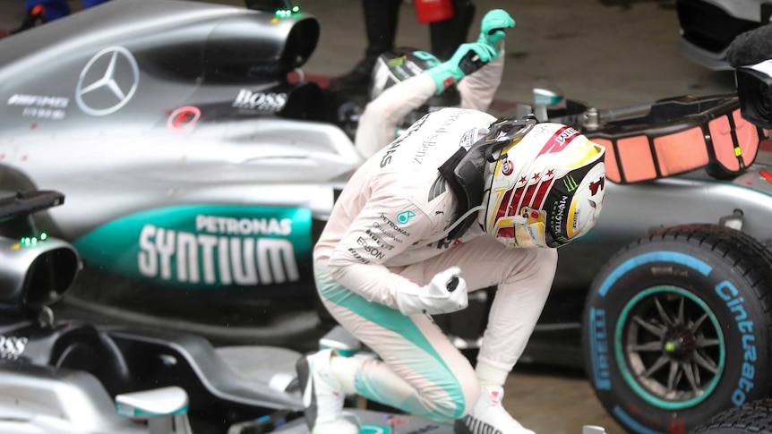Briton Lewis Hamilton celebrates on top of his car after winning the 2016 Brazilian F1 grand prix.