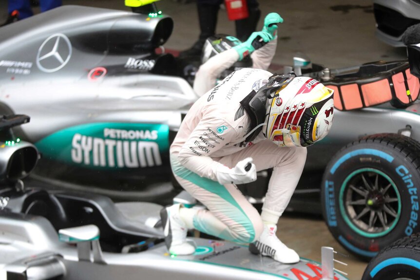 Lewis Hamilton celebrates on his car after winning the Brazilian F1 Grand Prix