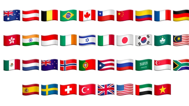 A selection of colourful flag emojis including Australia, Germany, Canada, China, Japan, Switzerland, China, and others.