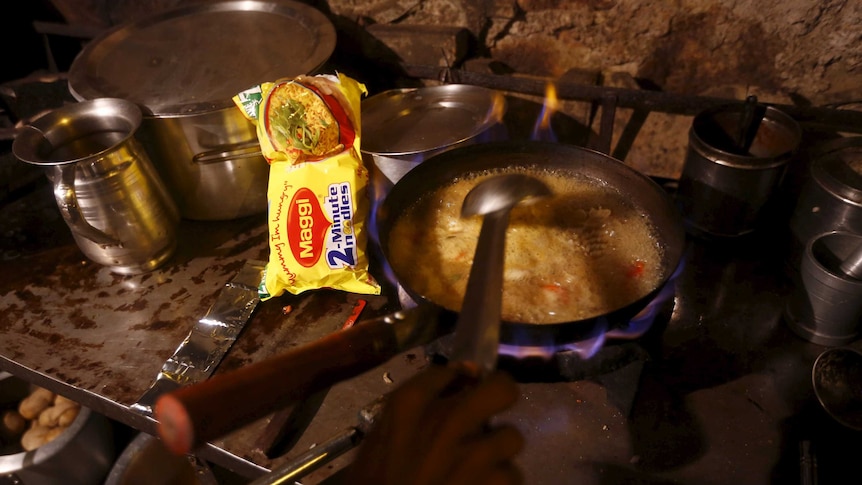 Maggi noodles being cooked in an Indian eatery