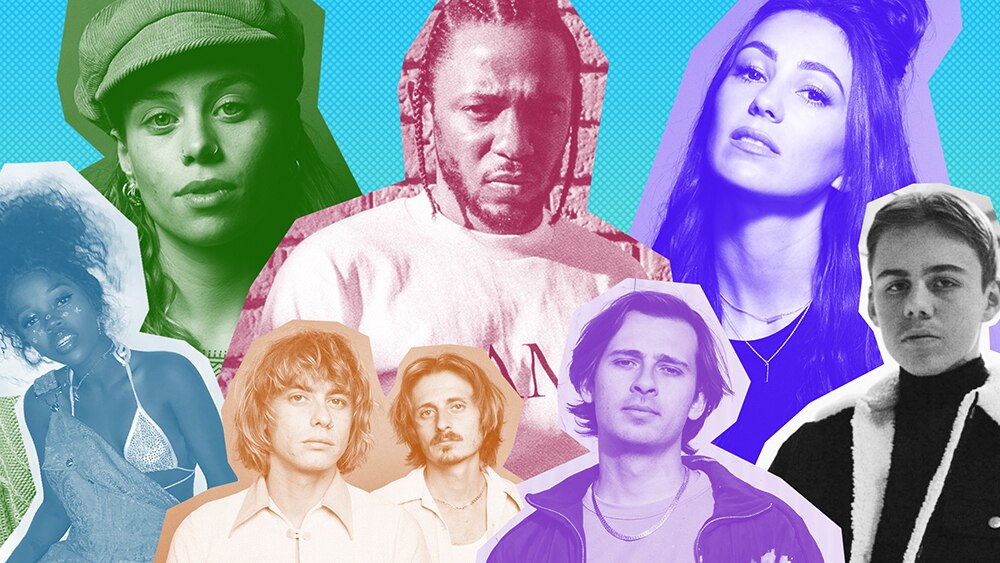 A collage of Tkay Maidza, Tash Sultana, Lime Cordiale, Kendrick Lamar, Flume, Amy Shark and The Kid LAROI