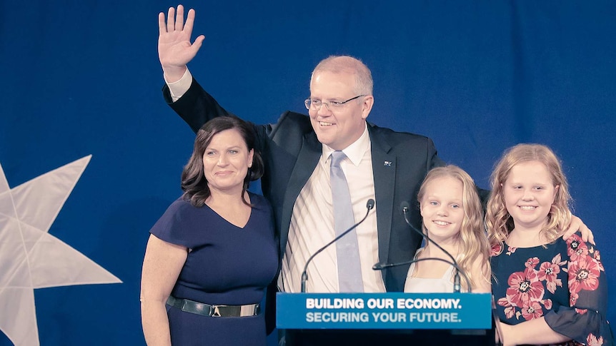 Scott, Jenny, Lily and Abbey Morrison on stage after winning the election.