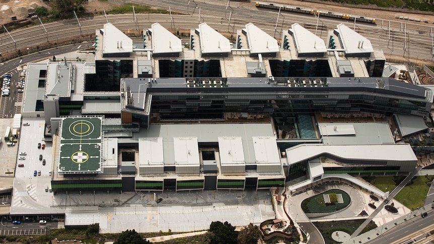 A close-up of the new Royal Adelaide Hospital taken from a helicopter.