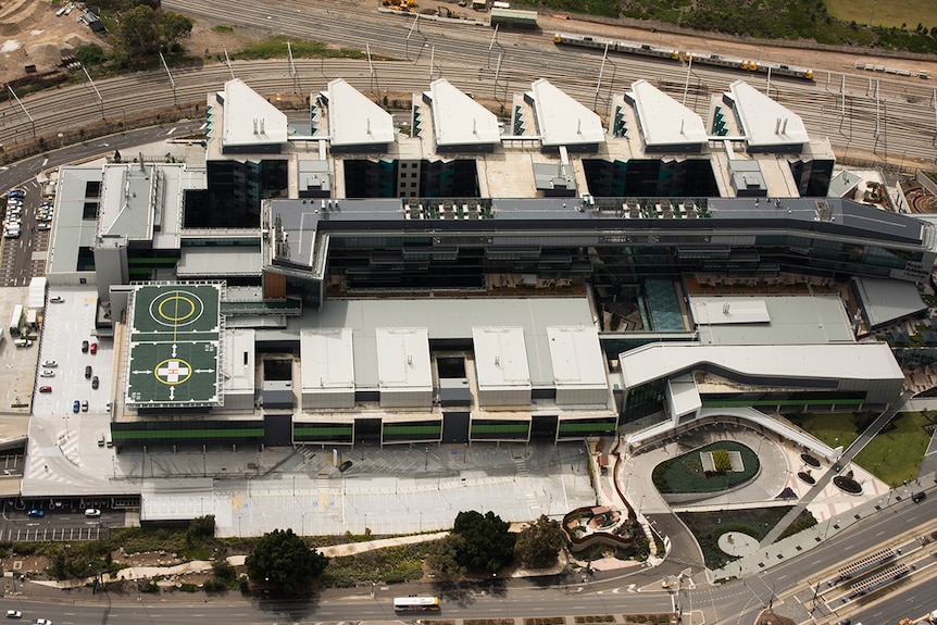 A close up of the new Royal Adelaide Hospital taken from a helicopter.