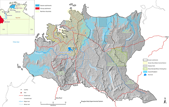 Graphic map showing location of proposed dams in Greater Darwin catchment in the Northern Territory.
