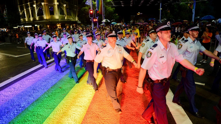 NSW police take part in the 35th Sydney Mardi Gras parade on Oxford Street in Sydney on March 2, 2013.
