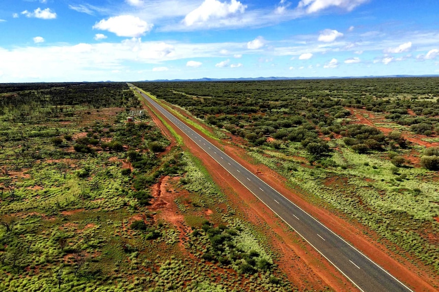 Vivid green surrounds a red dirt road desert over Bond Springs cattle station near Alice Springs.
