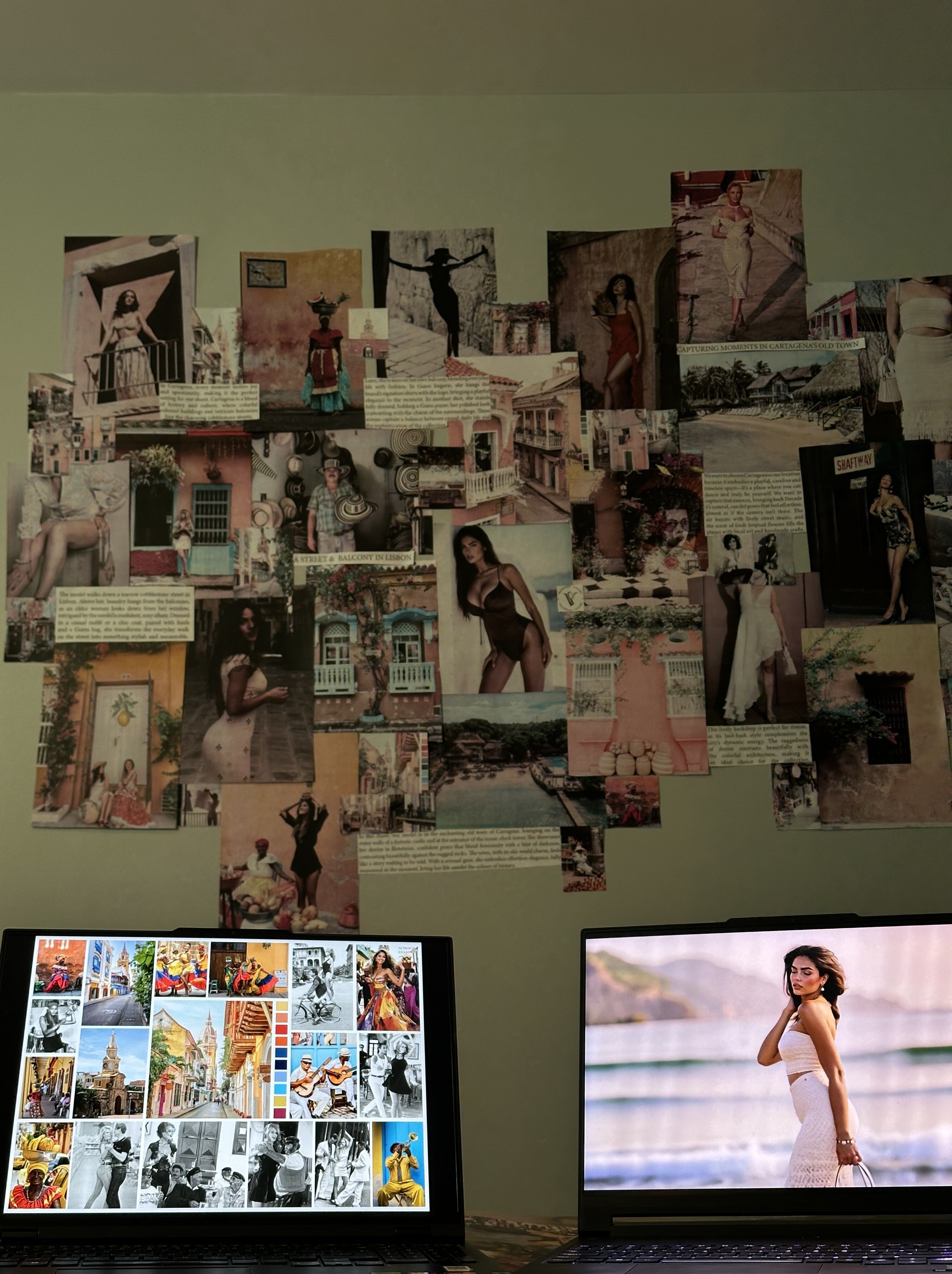 Two computer screens with a mood board of photos of models behind them