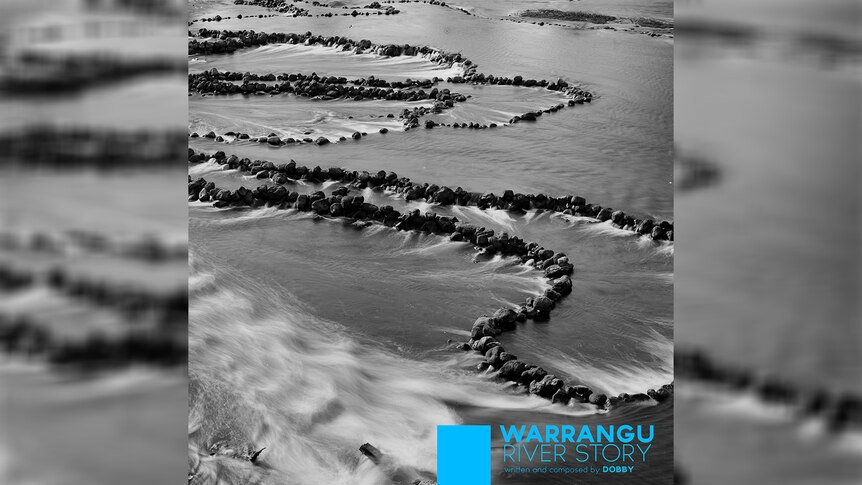 The cover of DOBBY's debut album WARRANGU: River Story showing black and white photos of dry river beds