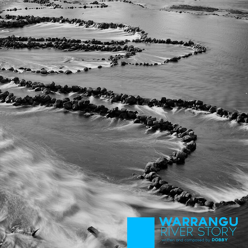 The cover of DOBBY's debut album WARRANGU: River Story showing black and white photos of dry river beds
