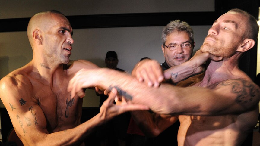 Mundine and Wood came to blows a full day before their re-match bout was scheduled to start.