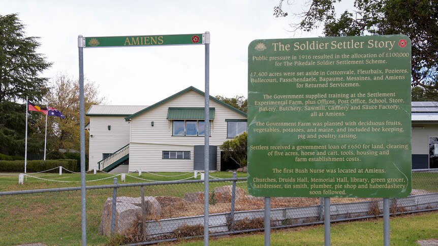 A sign a tthe front of amiens State School dedicated to soldier settlers