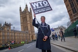 A man holding a protest banner attached to an umbrella stands outside Westminster.