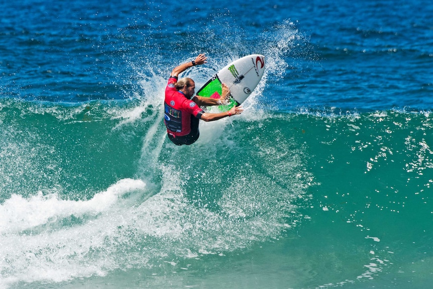 Owen Wright surfing a wave during round two of the Maitland and Port Stephens Pro at Merewether Beach in Newcastle.