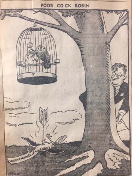 A cartoon from the Daily Telegraph in 1947, attacking independent ABC news as a sham.
