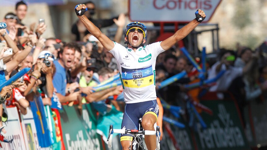 Alberto Contador comes across the line to win stage 17 of the Tour of Spain.