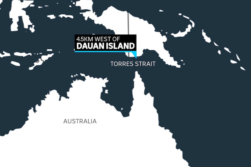 Map shows Australia and Papua New Guinea, and points to location of Dauan Island off the coast of PNG.