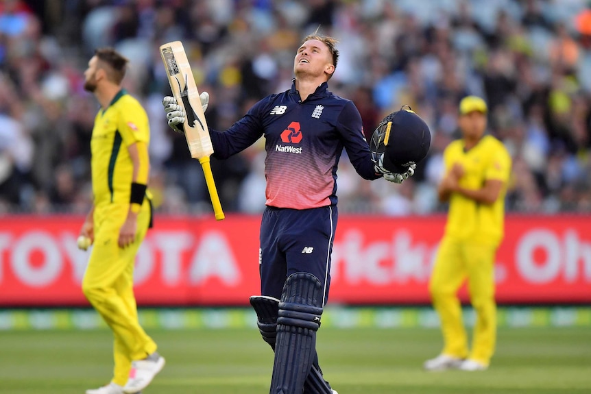 Jason Roy celebrates his century