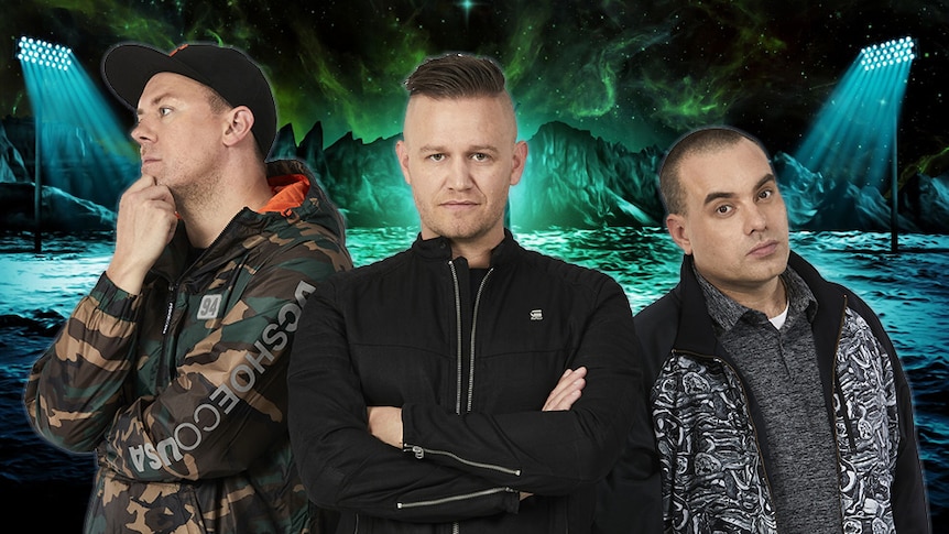 A 2019 press shot of the Hilltop Hoods over the artwork for their album The Great Expanse