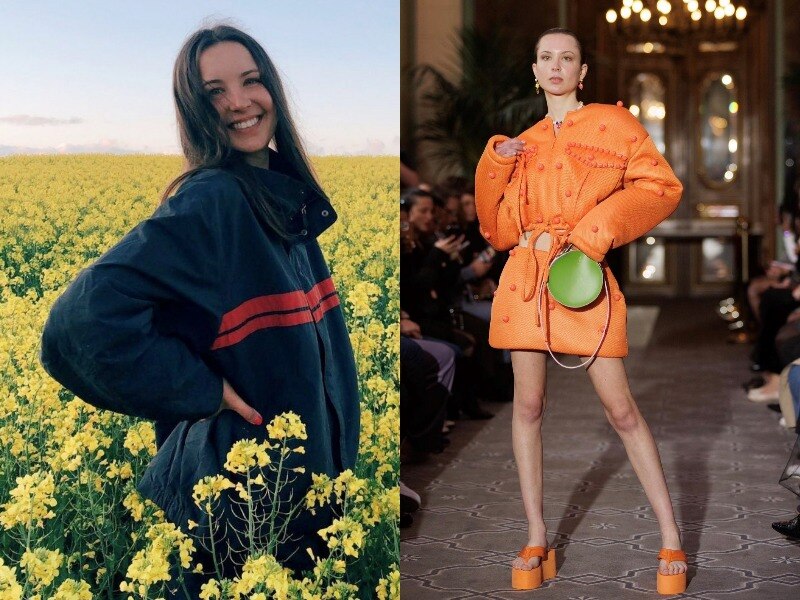 A composite image of a young woman among canola and wearing an orange dress