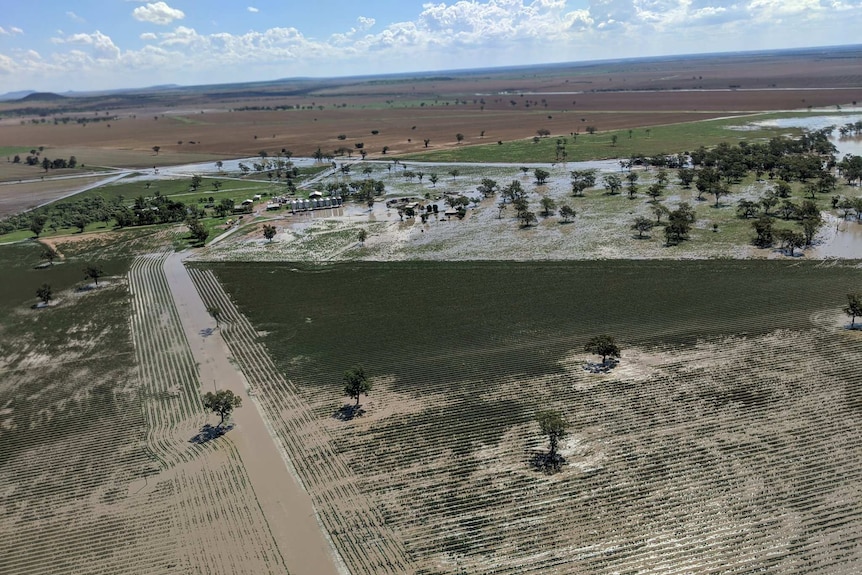 An aerial view of flooding of farmland.