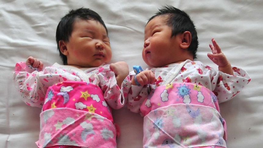 Two babies of Asian appearance lie side by side.