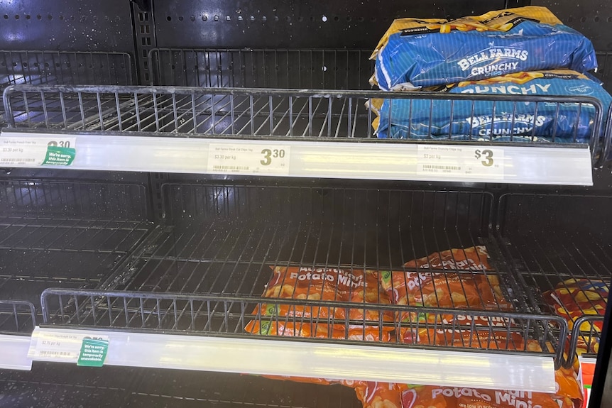 frozen chips in a freezer at supermarket