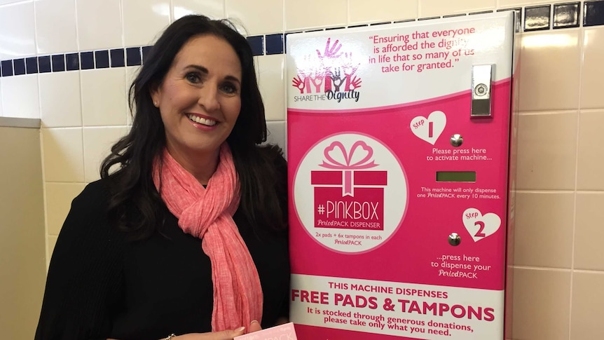 Share the Dignity founder Rochelle Courtenay with the pink box installed at Kurri Kurri High School.