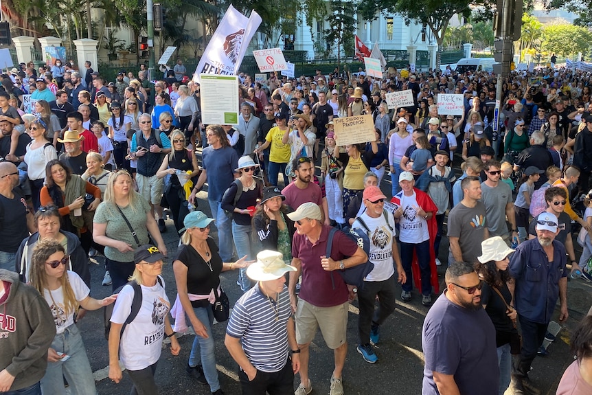 Large crowd of people holding banners and signs in protest