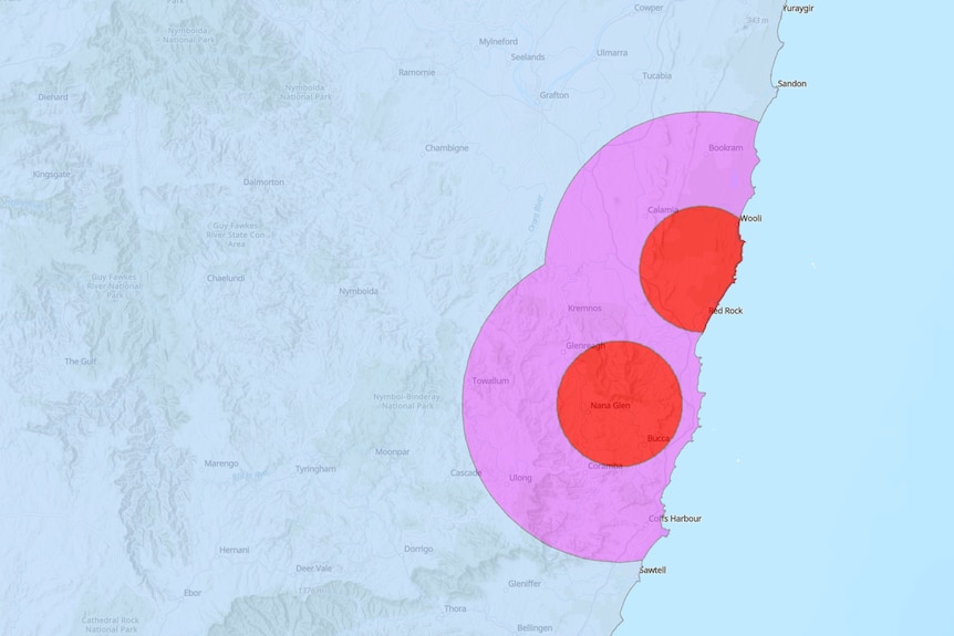 A map of the NSW north coast showing two red and two purple zones.