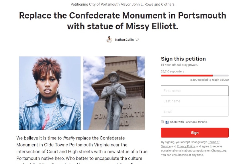 A screenshot of a Change.org petition to replace a Confederate statue with one of Missy Elliot.