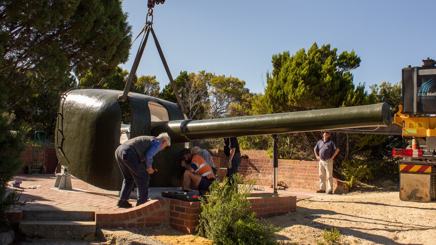 The long awaited gun-shield is moved into place at Leighton Battery, September 23, 2015.
