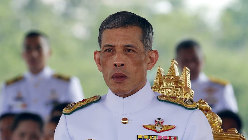 Thailand's new King Maha Vajiralongkorn watches the annual Royal Ploughing Ceremony