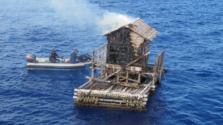 Palau police burn an illegal fish aggregating device