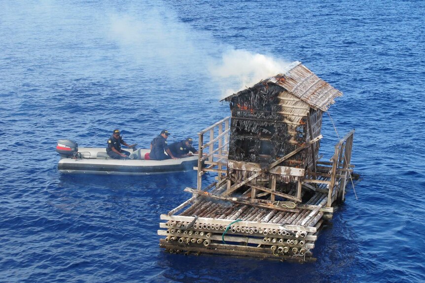 Palau police burn an illegal fish aggregating device