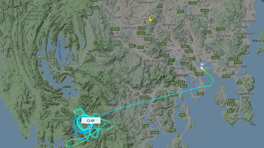 The AMSA search plane seen on a flight tracker circling the area where plane missing.