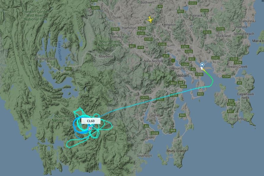 The AMSA search plane seen on a flight tracker circling the area where plane missing.
