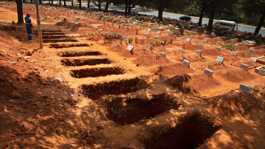 A man stands by a row of empty grave plots in a cemetery.