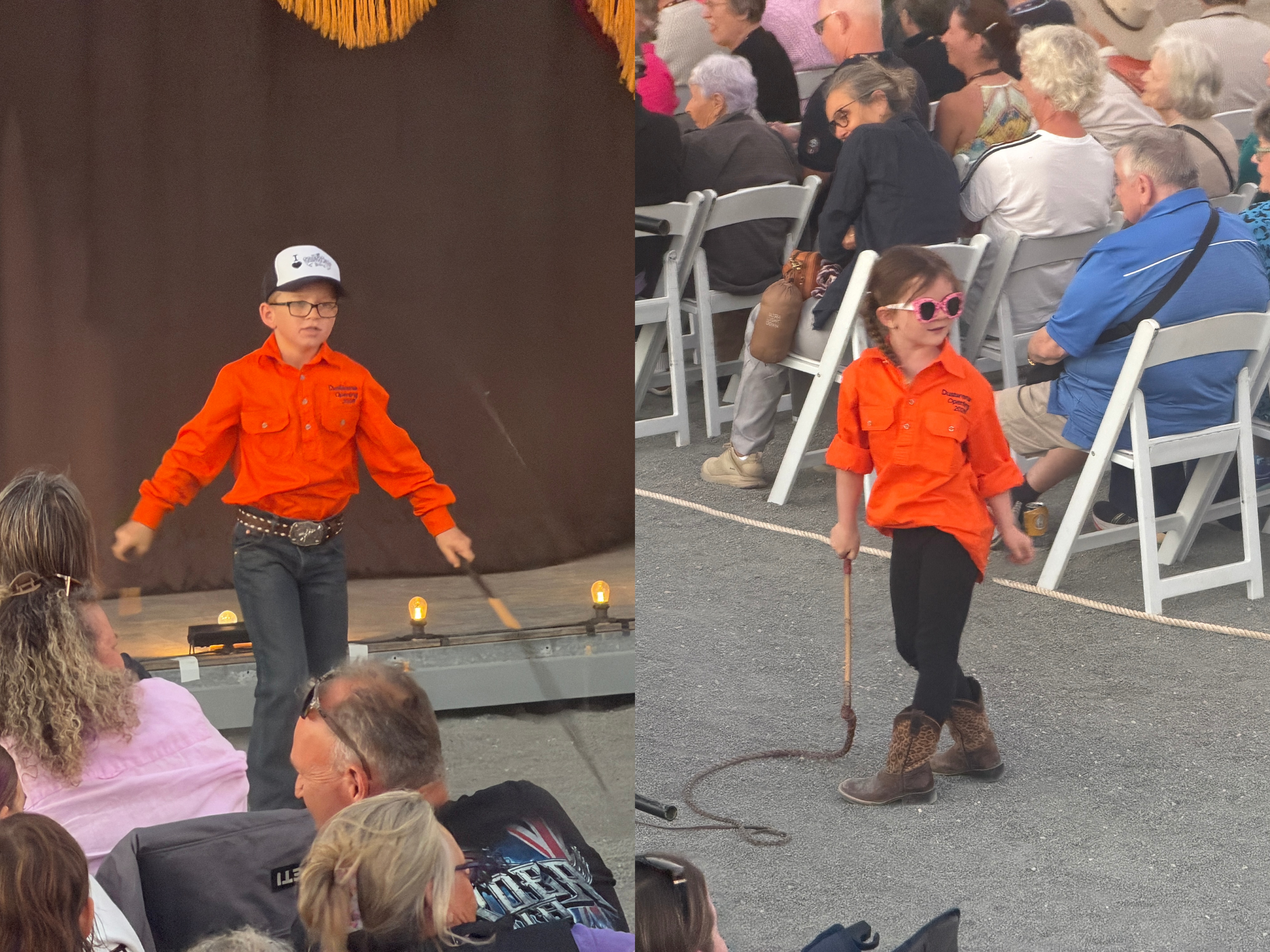 image 1, a boy cracking two stock whips and image 2, a girl holds a stock whip wearing pink sunglasses