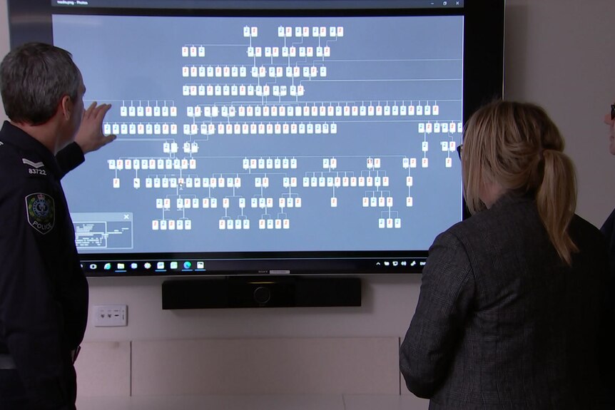Police officers look at a family tree on a large screen TV at the police station