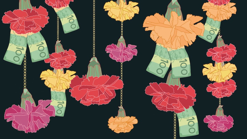 An illustration representing a dowry shows flowers hanging from a ceiling with $100 notes attached.